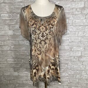 Forest fairy Scoop Neck Mixed Print Top in Taupe Brown sheer mesh sleeves large